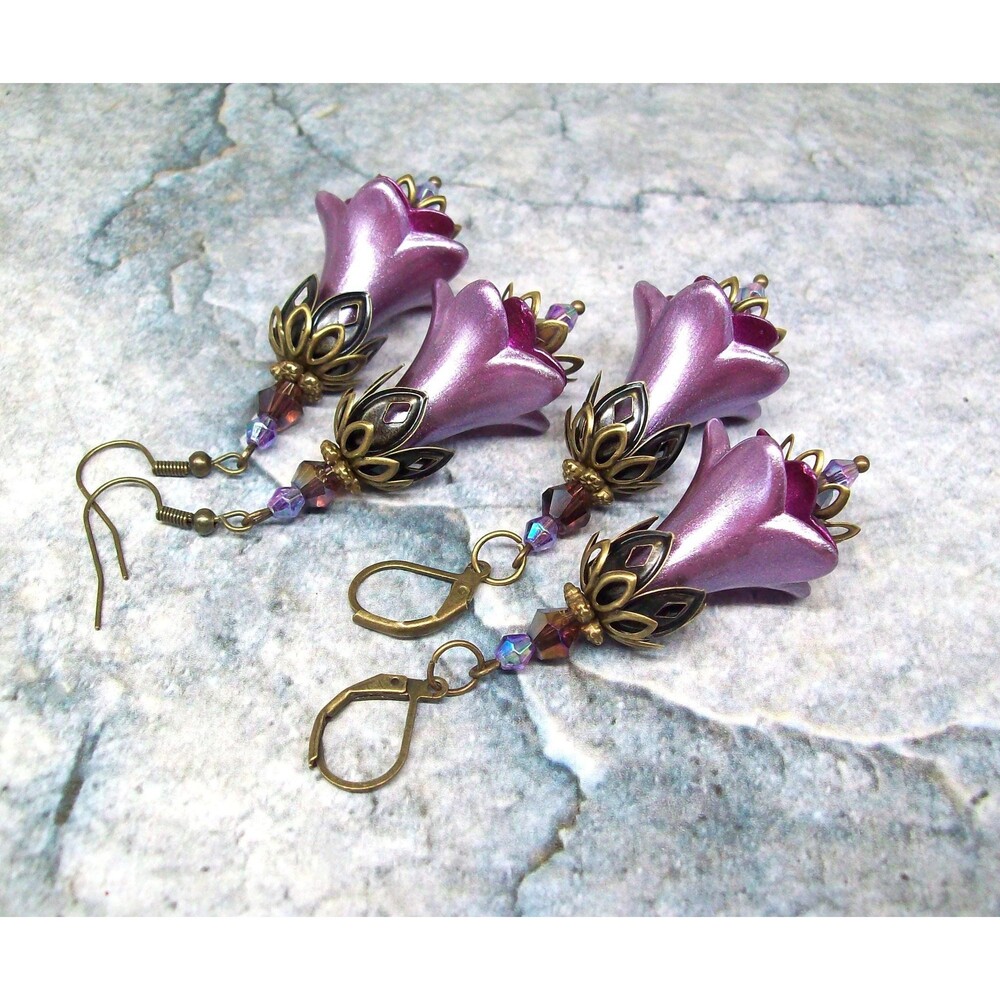 Art Nouveau Earrings Vintage Style, Dusty Rose, Antique Bronze, Artisan Crafted